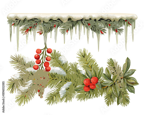 Festive winter border featuring snow icicles and evergreen branches