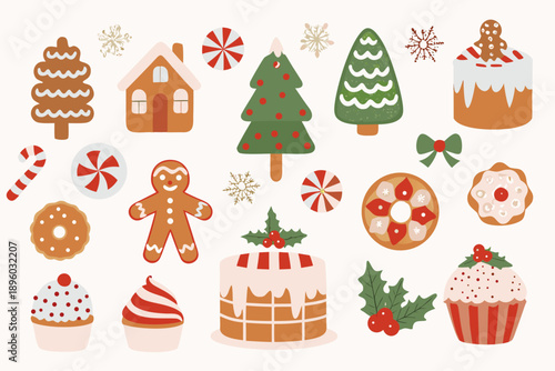 A festive collection of colorful gingerbread treats and winter sweets