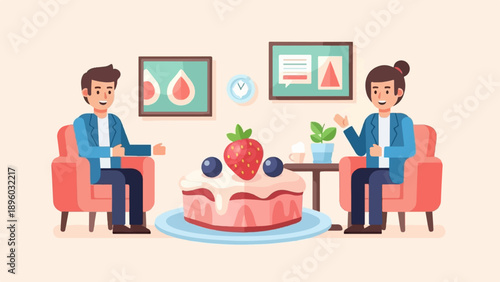 Two people talk over cake and coffee in cozy armchairs