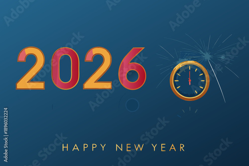 Festive new year 2026 illustration with clock and fireworks