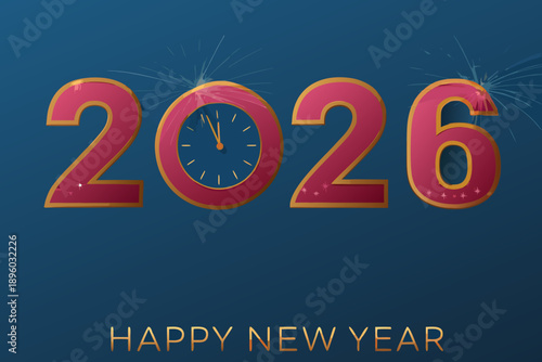 Festive new year 2026 illustration with clock and celebratory fireworks