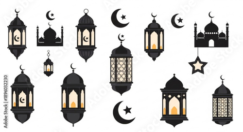 Black silhouette lanterns with warm glow crescent moons and stars on white background for ramadan or islamic holiday decorations