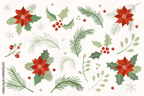 Festive holiday botanical arrangement with poinsettias and winter foliage