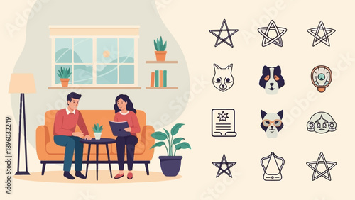 Two people talking on a couch in a living room, with icons to the right