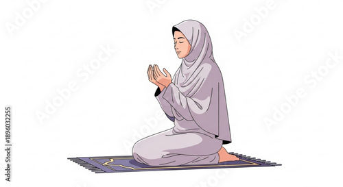 Woman in grey hijab praying on prayer mat hands clasped in front serene expression islamic faith spirituality devotion