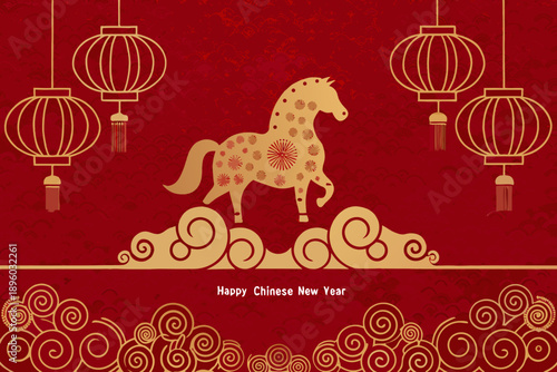 A golden horse and red lanterns celebrate the chinese new year