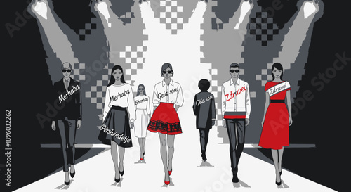 Fashionable people walking down a runway.