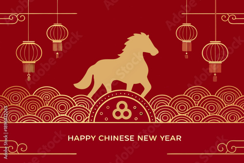 Golden horse illustration with lanterns and clouds for chinese new year