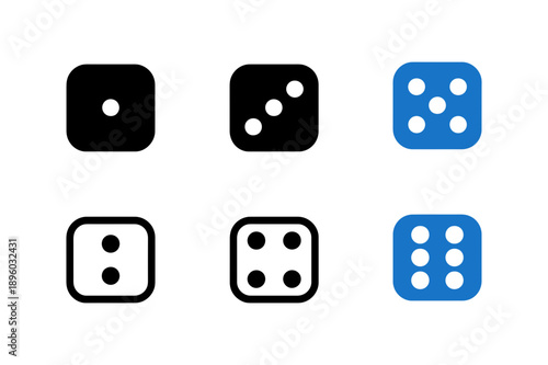 A set of six dice icons in black, white, and blue colors for gaming design