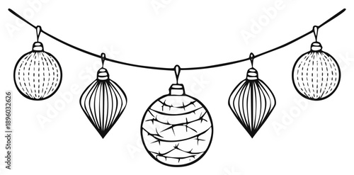 Hand Drawn String of Festive Christmas Ornaments and Baubles