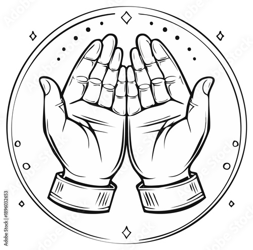 Open hands illustration in circle emblem design spiritual symbol gratitude