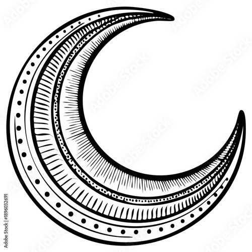 Crescent Moon Detailed Hand-Drawn Illustration, Celestial Symbol, Fantasy Lunar Phase, Ethnic Tattoo Style, Astrology Element
