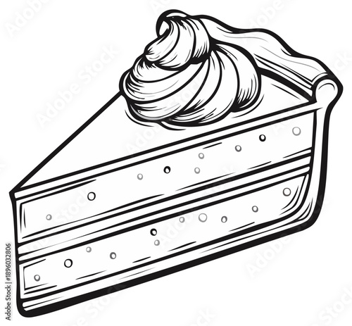 Hand drawn line art illustration of a delicious slice of pie with whipped cream