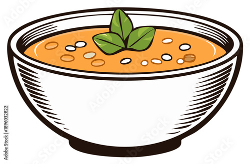 Bowl of hearty vegetable soup garnished with fresh green herbs and croutons