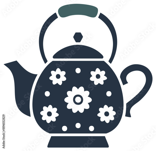 Stylized tea pot, decorated with flowers and dots, simple silhouette, minimal elegance for beverage service design