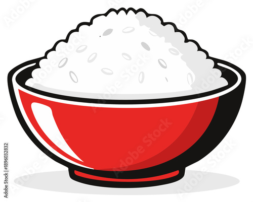 Cartoon depiction of a bowl with white rice, showcasing Asian culinary staple in a red bowl with detailed shading for culinary illustrations.