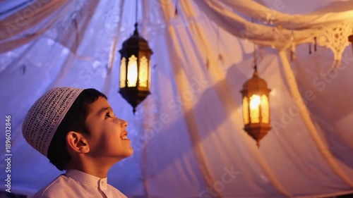 Ramadan Kareem Stock Video of Muslim Boy Smiling at Lanterns