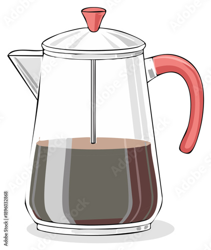 Drawn French press coffee maker filled with dark coffee, red details and shadows