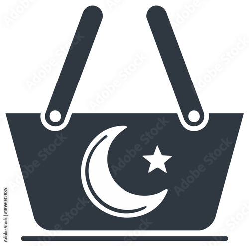 Islamic Crescent Moon and Star Shopping Basket Icon for Ramadan or Eid Purchases
