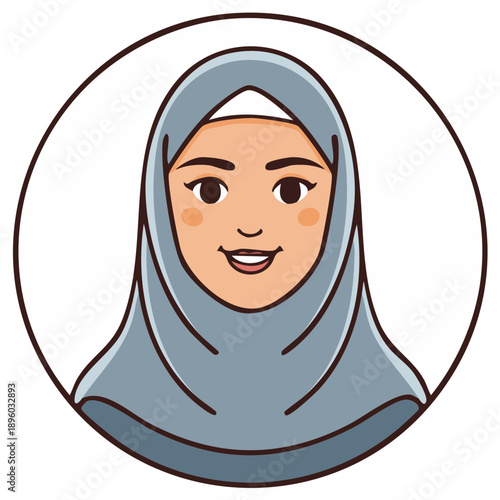 Cartoon avatar of a smiling young woman wearing a hijab inside a circular frame for profile usage