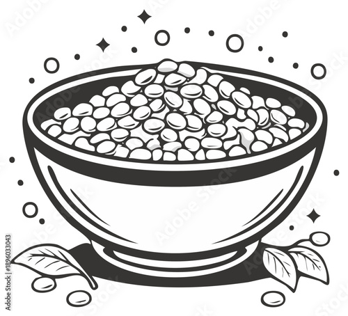 Bowl of chickpeas or beans illustration, garnished with leaves, vector graphic