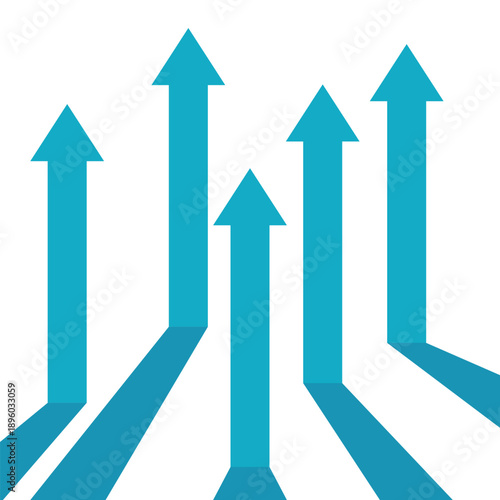 5 blue arrows pointing from ground level represent teamwork, cooperation and competition also business growth together, progress, optimism and trading profit
