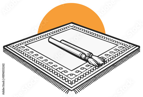 Two paint brushes resting on a patterned rug with an orange sun overhead