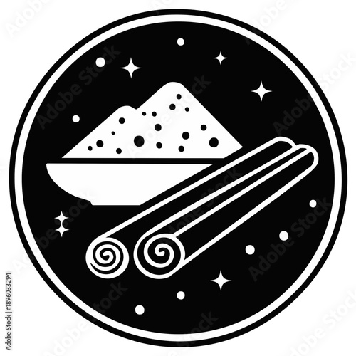 Cinnamon sticks and powder in a bowl with sparkling stars icon symbol