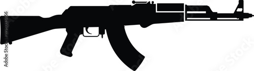 Assault rifle silhouette isolated on white background, black and white military firearm concept, modern weapon, security defense, tactical equipment, minimal vector illustration