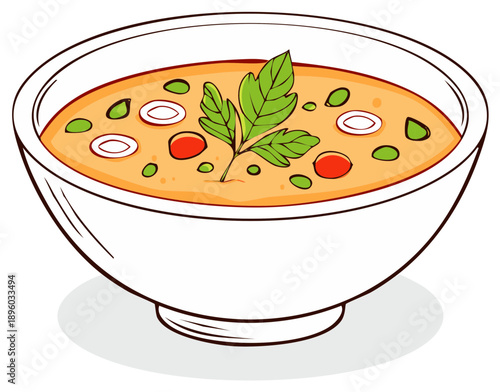 Delicious bowl of hearty soup with vegetables and herbs garnish