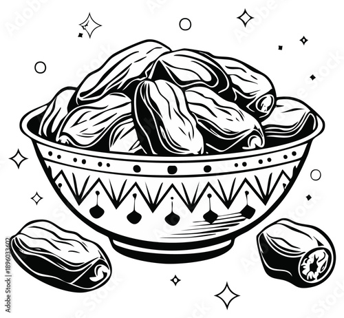 Bowl with Dates Traditional Middle Eastern Sweet Food Black and White Vector Illustration