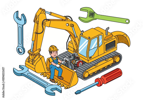 Construction worker operating heavy machinery surrounded by tools in a vibrant industrial setting