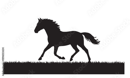 Black silhouette of a horse running in a field with grass, vector illustration