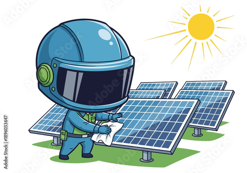 Astronaut cleans solar panels on a sunny day outdoors