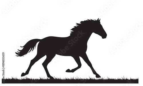 Black silhouette of a horse running in a field with grass, vector illustration