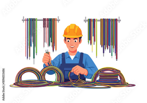A worker in a yellow hard hat crafting colorful threads in a workshop environment from a frontal viewpoint