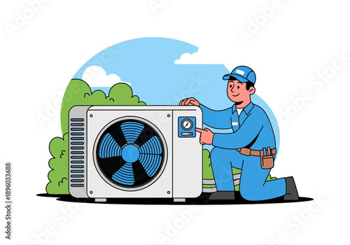 Technician installing air conditioning unit outdoors with tools