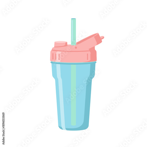Illustration of a blue plastic shaker bottle with a pink lid and straw on a white background from a front viewpoint kids tumbler
