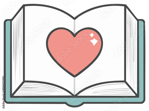 Illustrated Open Book with Floating Pink Heart Symbolizing Love Reading Stories and Passion
