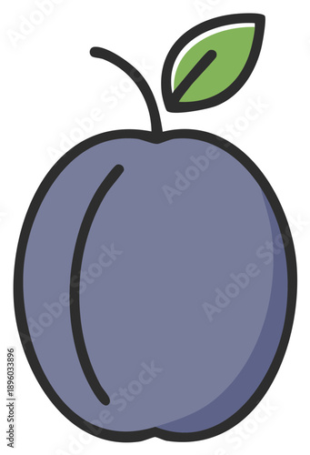 Stylized Plum with Leaf Illustration: Vector Design of Purple Fruit and Foliage