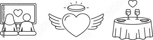 Line Art Icons of Couple Watching TV, Heart with Wings, and Romantic Table Setting