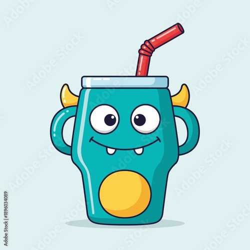 A cartoon illustration of a monster-themed sippy cup with a straw.