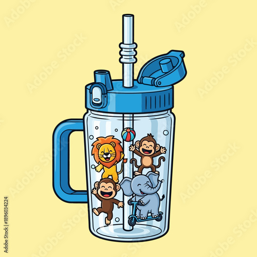 A clear water bottle with a blue lid, handle, and straw, featuring cartoon animals.