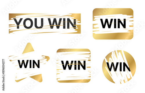 Realistic golden scratch-off ticket set with grunge brush strokes revealing the word WIN, featuring shiny metallic texture, perfect for lottery designs, reward promotions, and luxury advertising