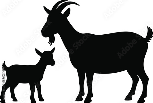 Goat and kid silhouette isolated on white background, black and white farm animal concept, livestock motherhood, rural agriculture, minimal vector illustration