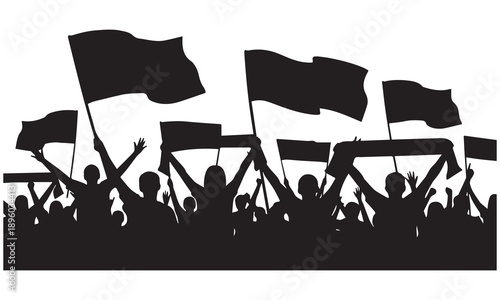 Silhouette crowd of people with flags and banners, protesting or celebrating