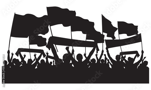 Silhouette crowd of people with flags and banners, protesting or celebrating