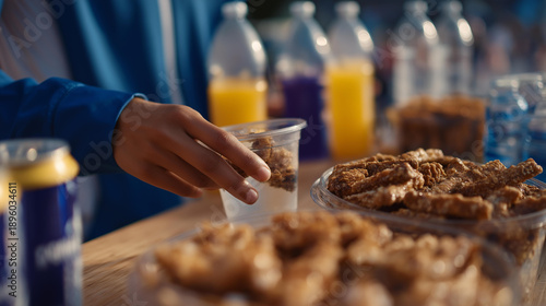 A dynamic refreshment station at a sports event, featuring energy drinks, protein snacks, and hydration options for athletes and fans seeking refreshment during the game. cinematic color