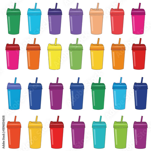 Collection of colorful plastic cups with straws, perfect for refreshing beverages.