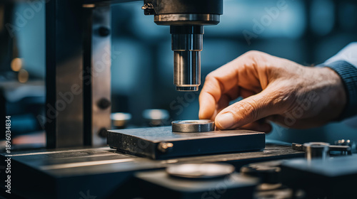 Technician testing rubber component flexibility with measurement device, quality control lab, close-up hands shot, cool corporate lighting, industrial style, rubber testing measurement, component